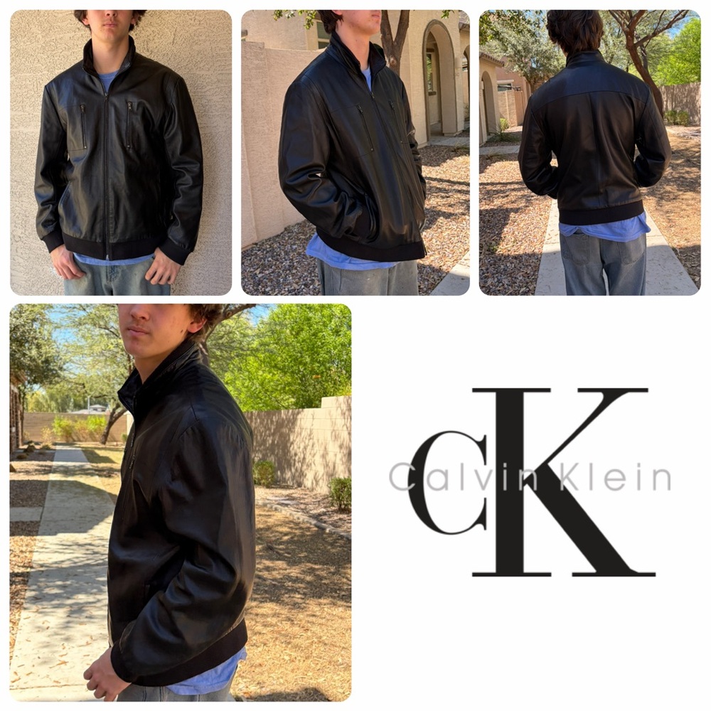 Calvin Klein Black Leather Bomber‎ with Zip Front